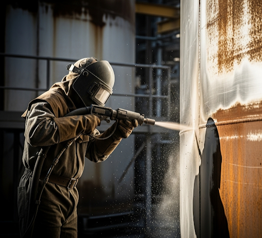 Profissional usando máquina de jateamento de alta pressão para limpar e preparar uma grande estrutura metálica enferrujada em ambiente industrial, com partículas de abrasivo em suspensão e remoção visível da ferrugem.