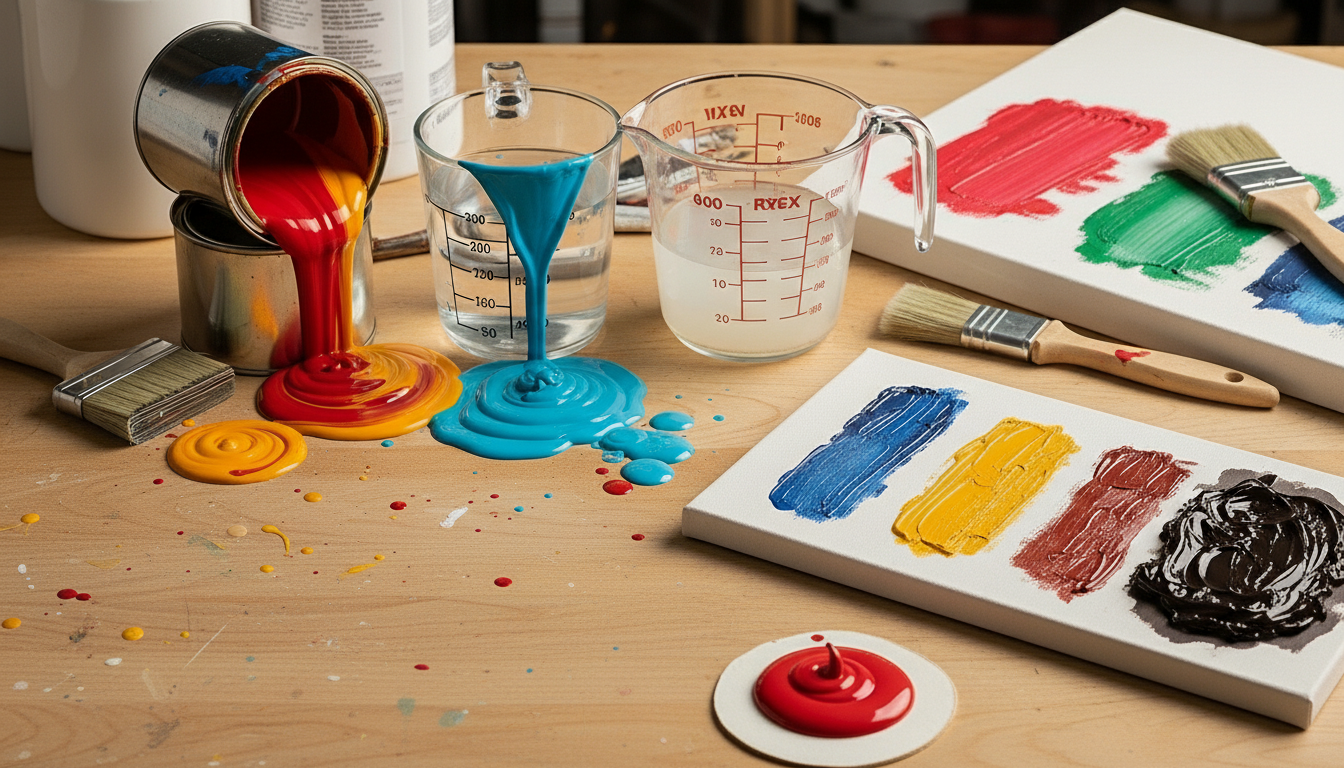 Mesa de trabalho de um artista com foco na mistura de cores vibrantes. Tintas vermelha e amarela escorrem de latas metálicas, enquanto tinta azul é despejada em um copo de medição. Ao lado, telas brancas exibem pinceladas espessas de azul, amarelo, vermelho e preto, com pincéis de madeira espalhados, simbolizando o processo criativo e a teoria das cores.
