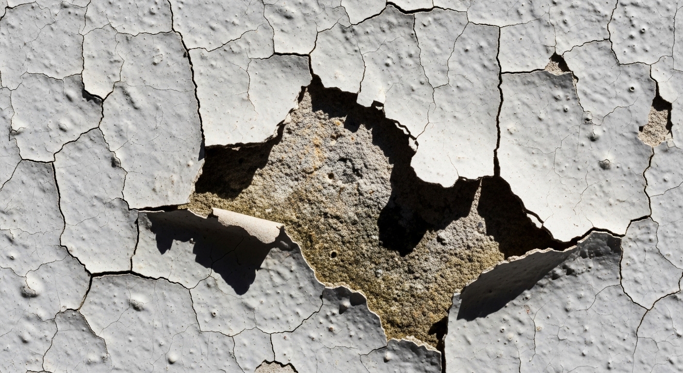 Close-up detalhado de uma parede com infiltração e descascamento severo. A camada de tinta cinza clara está rachada e desprendendo da superfície, revelando o reboco poroso e úmido por baixo. Exemplo clássico de patologia de revestimento que requer impermeabilização e manutenção predial urgente.