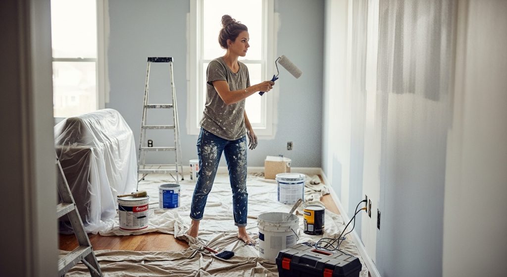 Uma mulher jovem, com o cabelo preso em um coque, está concentrada pintando uma parede interna de azul claro usando um rolo de pintura. Ela veste roupas casuais sujas de tinta branca e está descalça. Ao seu redor, o chão está coberto por lonas de proteção, e há latas de tinta, pincéis e uma escada de metal ao fundo, retratando o processo real de uma reforma residencial.