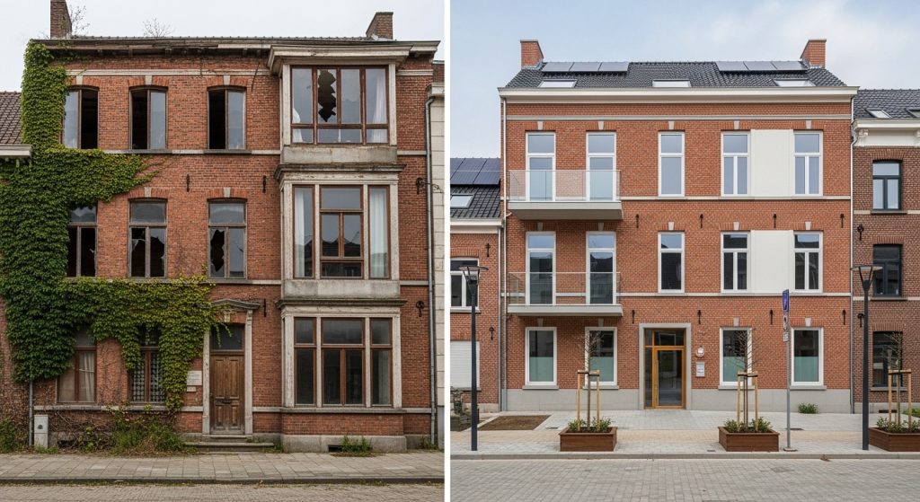 Visão superior de uma bancada de madeira organizada para um projeto de reforma. No centro, um par de luvas de proteção amarelas e pretas repousa sobre a mesa. Ao redor, estão dispostos diversos pincéis de diferentes tamanhos, rolos de pintura novos, uma espátula metálica, fitas métricas, lápis de marceneiro e pequenas latas de verniz ou tinta. A iluminação clara destaca a textura da madeira e a prontidão para o início do trabalho manual.