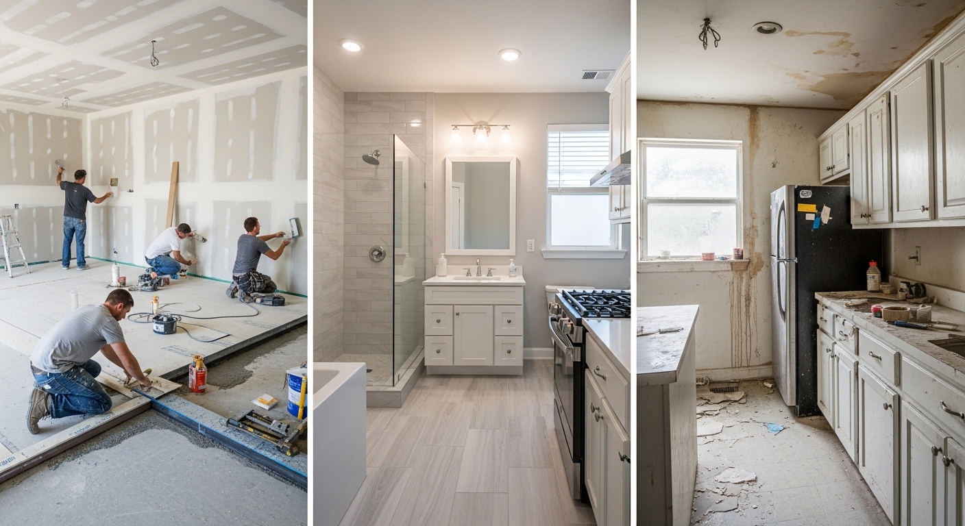 Uma colagem de três imagens verticais mostrando diferentes estágios de uma reforma residencial. À esquerda, quatro operários trabalham na instalação de drywall em uma sala ampla. No centro, um banheiro moderno finalizado, com acabamento em tons de cinza, box de vidro e bancada branca. À direita, uma cozinha antiga e desgastada antes da reforma, com armários brancos sujos e paredes manchadas, evidenciando o contraste entre o estado original e o potencial de renovação.