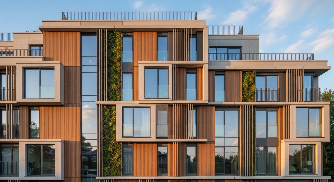Uma sala de estar moderna e minimalista com decoração em tons neutros e terrosos. No centro, um sofá bege com almofadas texturizadas. À frente, uma mesa de centro de madeira circular com um vaso de cerâmica branca e ramos secos. Ao fundo, uma grande janela permite a entrada de luz natural suave, iluminando uma estante de nichos com objetos decorativos e livros organizados de forma harmônica. O ambiente transmite paz, ordem e sofisticação