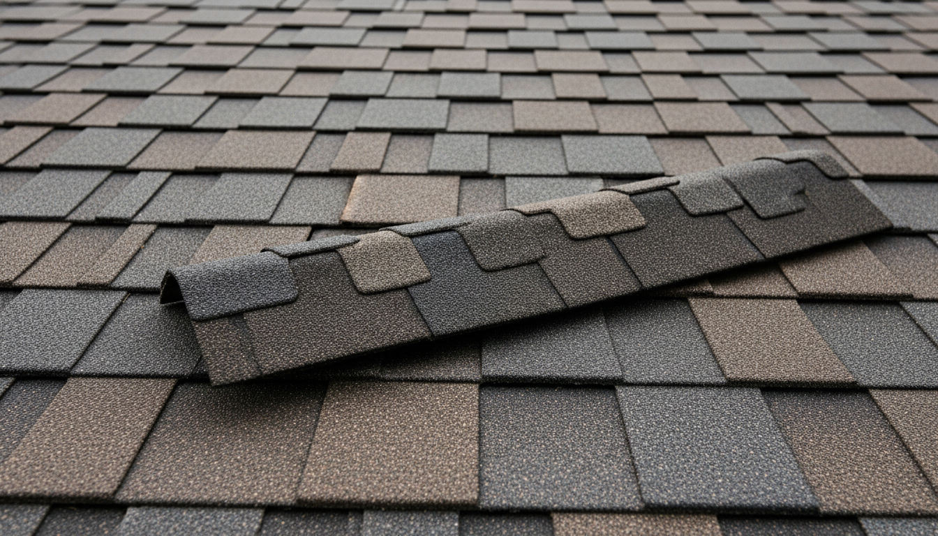 Close de um telhado sendo revestido com telhas asfálticas tipo shingle em tons de cinza e marrom. A imagem destaca a textura granular das telhas sobrepostas e mostra uma peça de cumeeira sendo posicionada no topo. A perspectiva enfatiza a precisão do encaixe e o acabamento moderno da cobertura residencial.